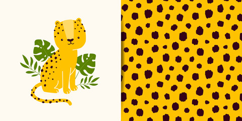 Vector collection - print with cute cheetah character plus seamless pattern with animal skins