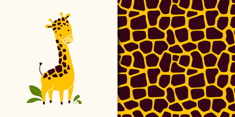 Vector collection - print with cute giraffe character plus seamless pattern with animal skins - 512597397