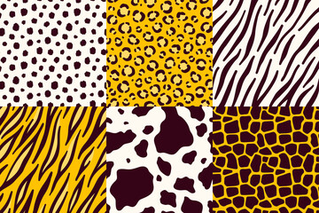 Vector set of seamless patterns with animal skins. Cheetah, leopard, zebra, tiger, cow, giraffe. Warm color palette