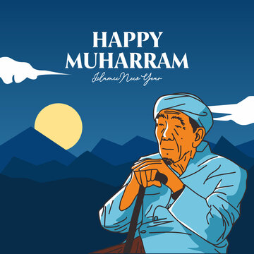 Happy Islamic New Year Design With Night Vibes And Oldman Illustration