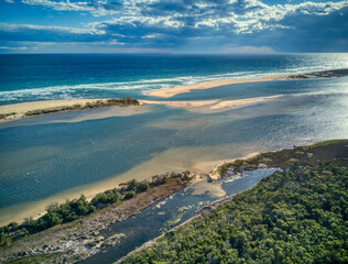 Aerial view over the mouth of the Snowy River later in the afternoon, Gippsland, Victoria, Australia, December 2020