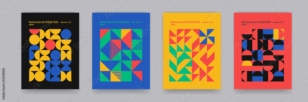 Poster bauhaus geometric pattern background, vector abstract circle, triangle and square lines art. yellow,