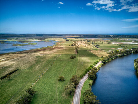 Aerial photo of the flood plains of the Lake Curlip Wildlife Reserve, alongside the Snowy River, near Marlo, in Gippsland, Victoria, Australia, December 2020