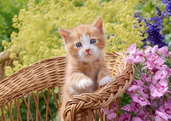 Cute red-tabby-white baby cat kitten with beautiful blue eyes posing in a small wicker chair in a colorful flowering garden    