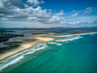 Aerial view over the Mallacoota Inlet and mouth of the Wallagaraugh River, eastern Victoria, Australia, December 2020, Australia.