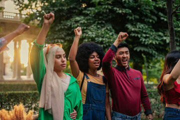Multicultural activist chanting in support