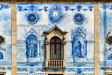 facade covered with azulejos of the church Santa Marinha in Cortegaca, Ovar district, Portugal