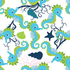 Cute seahorses cartoon seamless pattern. Hand drawn ocean animals. Nautical beach, Sea life fun underwater