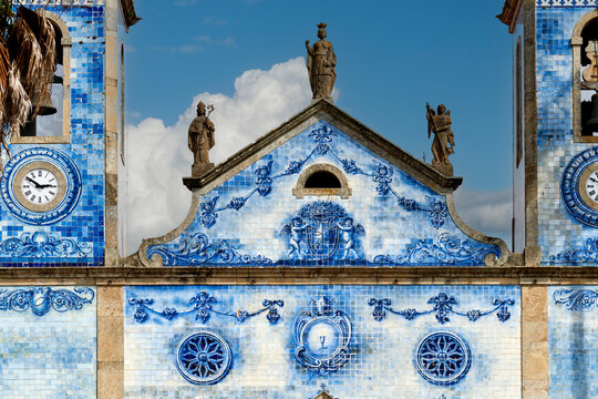 detail of the facade covered with azulejos of the church Santa Marinha in Cortegaca, Ovar district, Portugal