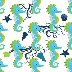 Cute seahorses cartoon seamless pattern. Hand drawn ocean animals. Nautical beach, Sea life fun underwater