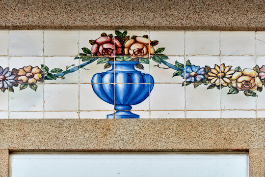 azulejos on the chapel of the cemetery near the church Santa Marinha in Cortegaca, Ovar district, Portugal