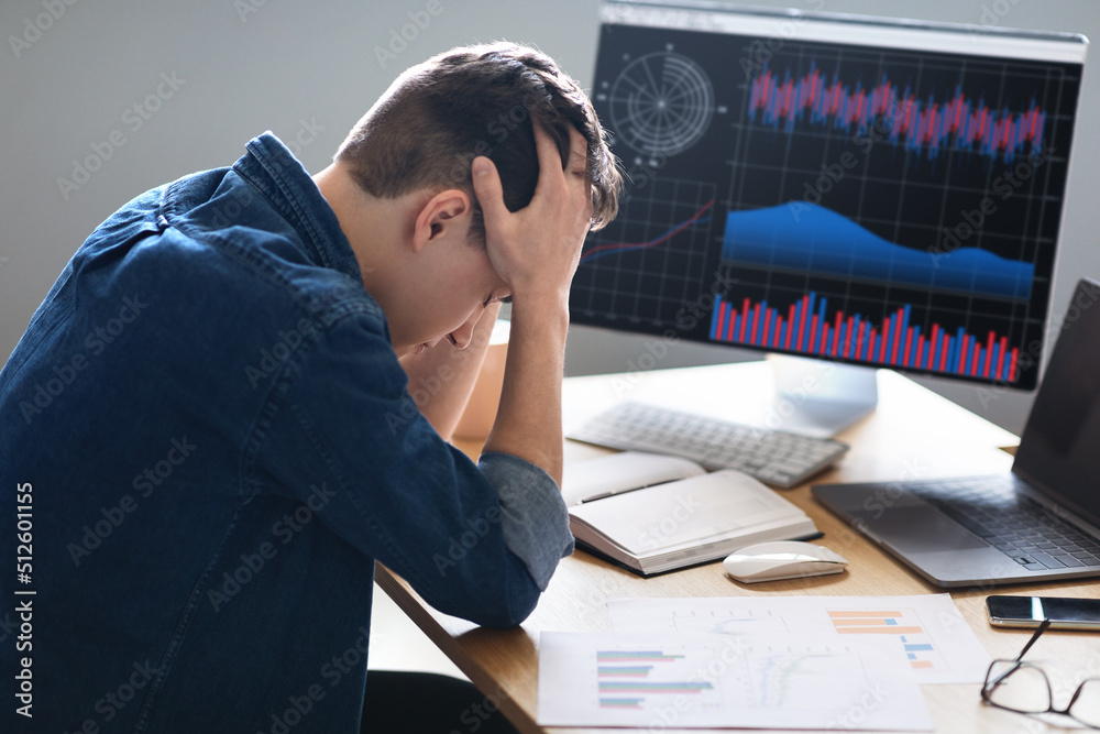 Aufkleber work problems. stressed male employee suffering troubles with annual financial report