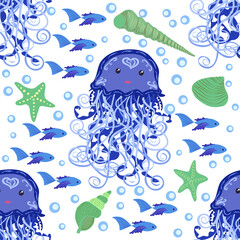 Seamless pattern with detailed transparent jellyfish. Childish seamless pattern with cute hand drawn fishes and jellyfishes in doodle style. Trendy nursery background