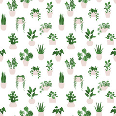 Fototapeta na wymiar Vector seamless pattern of a indoor plants houseplants in a pots on a white background.