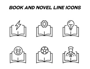Book, reading, education and novel concept. Vector signs in flat style. Set of line icons of lightning, gear, light bulb, emoji, ball, chef over book
