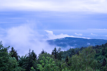 Landscape photos in the Bavarian Forest with fascinating clouds and blue sky