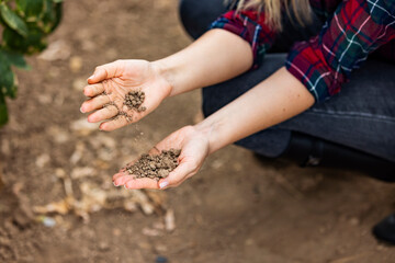 Agriculture, organic gardening, planting or ecology concept. Dirty woman hands holding moist soil. Environmental, earth day. Top view. Copy space. Farmer checking before sowing.