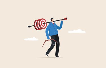 Achieve business goals. Business plan, marketing plan and advertising specialist. Successful strategy management. Businessman holding arrows and target goals.