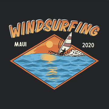 windsurfing illustration beach graphic design badge sunset vintage t shirt