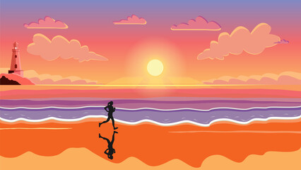 Silhouette of woman running on the beach at sunset. Vector illustration