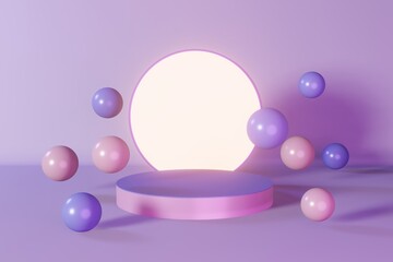 Purple neon cylinder podium stage 3d render. Round pedestal design composition. Abstact minimal scene levitating geometric violet sphere Cosmetic product shiny showcase presentation display background