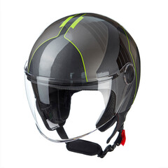 Modern motorcycle helmet made of gray glossy carbon fiber, with a closed glass, isolated on a white background.