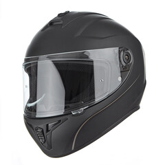 Modern motorcycle helmet made of black matte carbon fiber, with neck fixation and adjustable air intakes, with a closed glass, isolated on a white background.