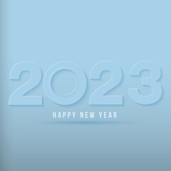 Happy New Year 2023 text design. for Brochure design template, card, banner. Vector illustration. Isolated on light blue background.