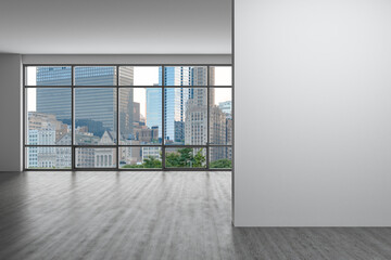 Downtown Chicago City Skyline Buildings Window background. Copy space white wall. Empty room Interior Skyscrapers View. Mockup concept. Day time. 3d rendering.