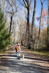 Mujer paseando por el sendero de un bosque junto a su perro. Chica de excursión con su mascota