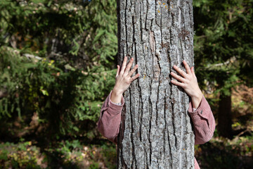 Mujer abrazando a un árbol. Amor a la naturaleza.