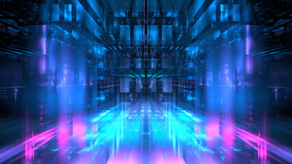 Digital interior building Hi tech Abstract data center server tonel. Business technology blurred Polygonal geometric digital cyberpunk space, color light. 3D render