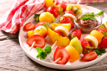 summer fruit skewer and chocolate sauce