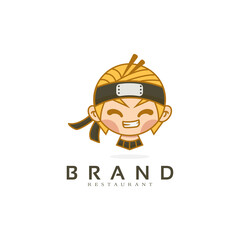 creative cute little ninja face and noodles logo design, food restaurant logo concept inspiration icon vector template