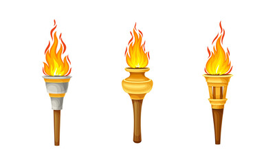 Flaming metal and wooden torchlights set. Torch with burning fire vector illustration