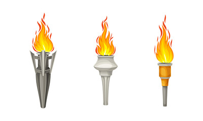 Flaming metal and wooden torchlights set vector illustration on white background