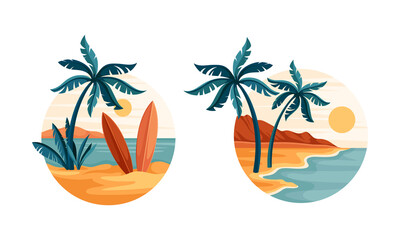 Tropical beach scenes set. Idyllic paradise with palm trees and surfboards in circle vector illustration - obrazy, fototapety, plakaty