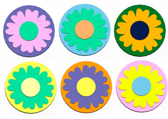 Set of paper flowers of different colors on a white background.