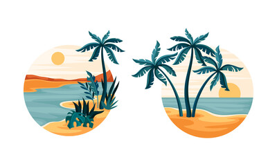 Tropical beach landscape in circle set. Idyllic scenes of nature at sunrise and sunset vector illustration