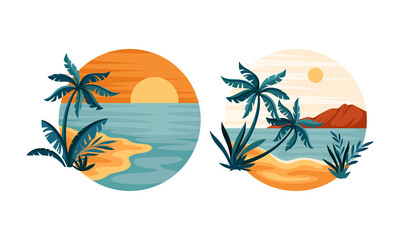 Tropical beach landscape in circle set. Idyllic scenes of tropical seaside vector illustration