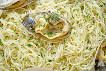 Close-Up of Gourmet Pasta with Whole Clams and Herbs