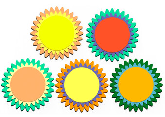 Set of paper flowers of different colors on a white background.