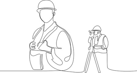 Close up of young Caucasian worker with helmet on head using tablet for work while standing in warehouse. Surveyor with a tripod icon. Geodesic tripod. Vector illustration