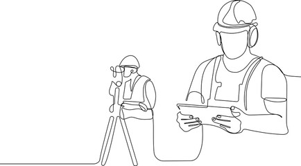 Close up of young Caucasian worker with helmet on head using tablet for work while standing in warehouse. Surveyor with a tripod icon. Geodesic tripod. Vector illustration