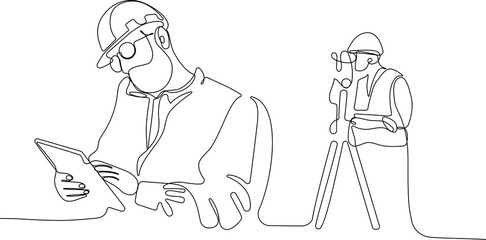 Close up of young Caucasian worker with helmet on head using tablet for work while standing in warehouse. Surveyor with a tripod icon. Geodesic tripod. Vector illustration