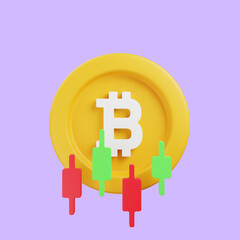 3d illustration bitcoin icon with candle stick 3d render style