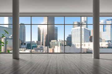 Fototapeta premium Downtown Los Angeles City Skyline Buildings from High Rise Window. Beautiful Expensive Real Estate overlooking. Epmty room Interior Skyscrapers View Cityscape. day time. California. 3d rendering.