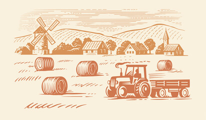 Field with haystacks. Farming landscape with tractor