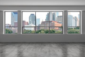 Fototapeta premium Downtown Nashville City Skyline Buildings from High Rise Window. Beautiful Expensive Real Estate overlooking. Epmty room Interior Skyscrapers View Cityscape. Day time Tennessee. 3d rendering.