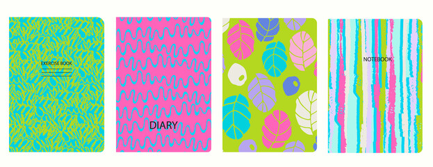 Cover page templates in Abstract psychedelic Y2K bug style with circles, asterisks, waves, spiral lines. Based on seamless patterns. Headers isolated and replaceable.